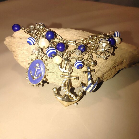 Large Gold Tone Nautical Paperclip Blue White Necklace Anchors Pearls Blue Beads - Picture 4 of 10